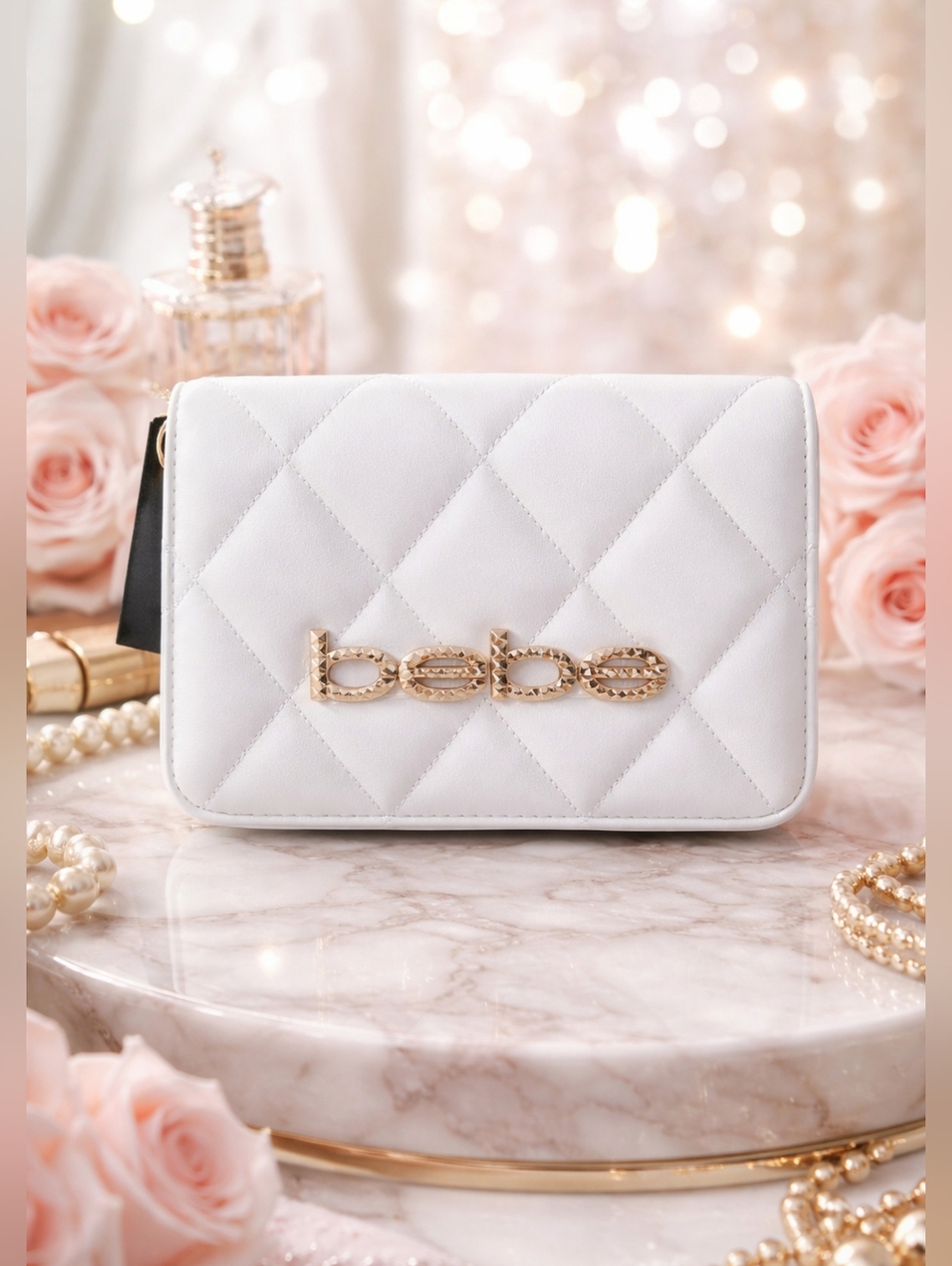 Bebe Benny Quilted White Crossbody Bag NWT Gold Logo Chain Strap